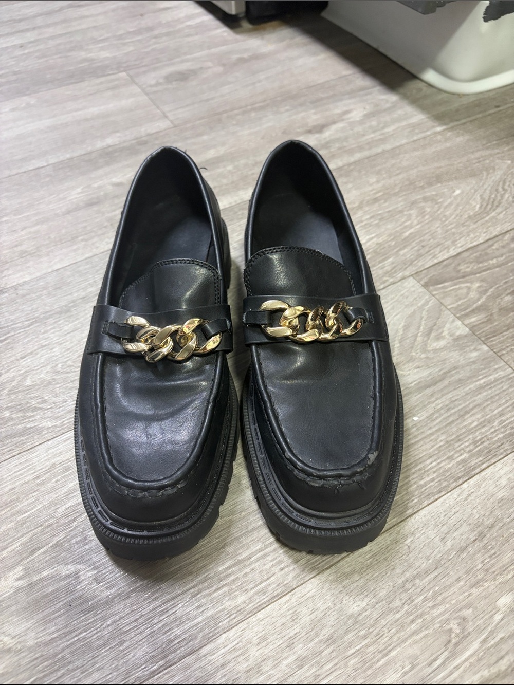 Aldo Black Loafers with Gold Chain Accent